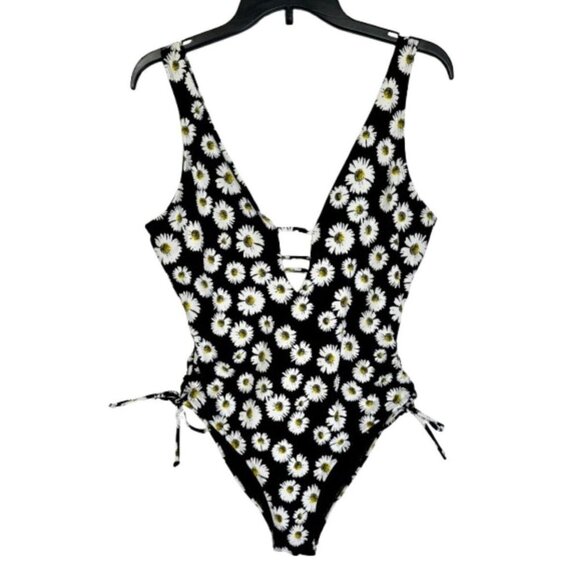 Swimsuits For All Other - Ashley Graham One Piece Swimsuit Size 10 Black Daisy Floral A-List Plunge Ties